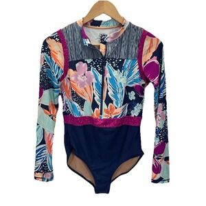 Athleta Girl XXL 16 Long Sleeve One Piece Floral Swimsuit Rash Guard Zip